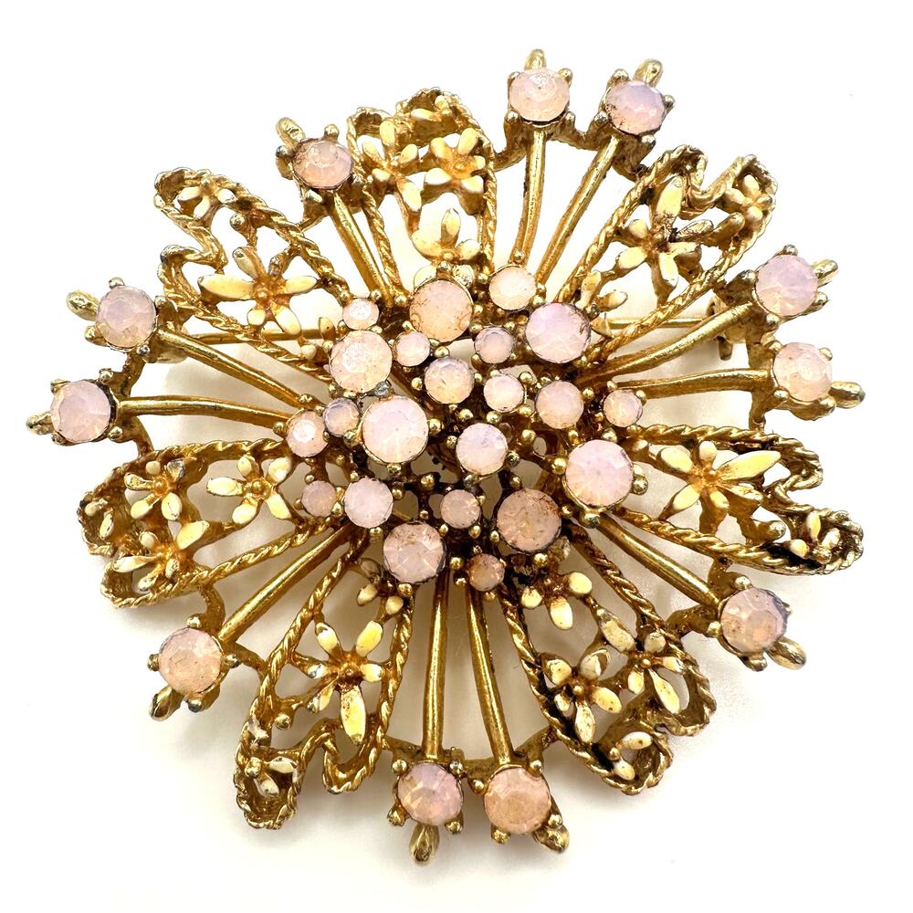 Vintage gold tone pink opalite glass rhinestones cream enamel flowers brooch